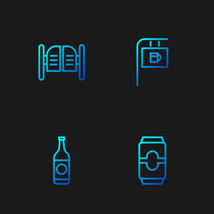 Sticker - Set line Beer can, bottle, Saloon door and Street signboard with Bar. Gradient color icons. Vector