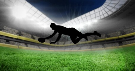 Wall Mural - Animation of silhouette of rugby player kicking ball over empty stands in sports stadium