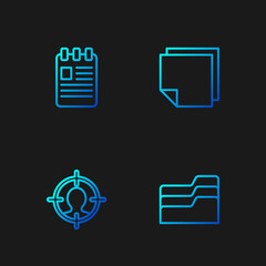 Poster - Set line Document folder, Head hunting concept, Spiral notebook and Post stickers. Gradient color icons. Vector