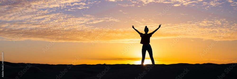 Silhouette of a confident young woman standing in the sunset. Power pose panoramic background - obrazy, fototapety, plakaty 
