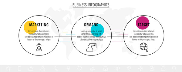 Modern and line vector infographic with icons and three steps. Circles with thin lines for the application, website, interface, chart, diagram, banner, presentations on a white isolated background