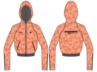 Women Long sleeve Hoodie jacket sweatshirt camouflage design template in vector, girls Hooded jacket sweater with front and back view, hooded winter jacket for ladies to Running and workout in winter