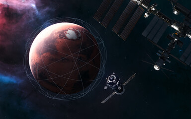 Wall Mural - red planet of solar system. mars. visualization of satellite orbits. space stations blurred in motio