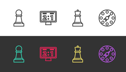 Sticker - Set line Chess, Sport mechanical scoreboard, and Twister game on black and white. Vector