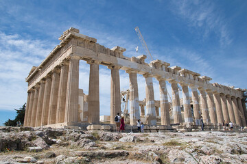 Parthenon is a temple of classical Athens, in the Athenian Acropolis of Greece, dedicated to the goddess Athena. Athens, Greece 5-18-2021