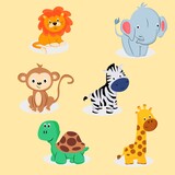 Fototapeta Pokój dzieciecy - Animal set. Safari Animals. Print for t-shirt, bedding or clothing. Children's animals. Lion, elephant, monkey, zebra, turtle and giraffe.