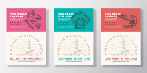 Canvas Print - Seafood Vector Packaging Design or Label Templates Set. Ocean and Sea Products Banners. Modern Typography and Hand Drawn Lobster, Squid Crab and Mussel Shell Silhouettes Backgrounds Layout Collection.