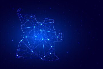 Wall Mural - Abstract Map of Angola from polygonal blue lines and glowing stars on dark blue background. Vector illustration eps10