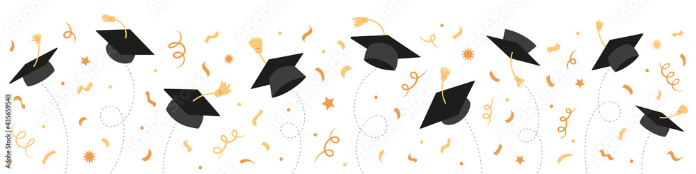 Graduation Class of 2021 with black graduate caps and gold confetti ...