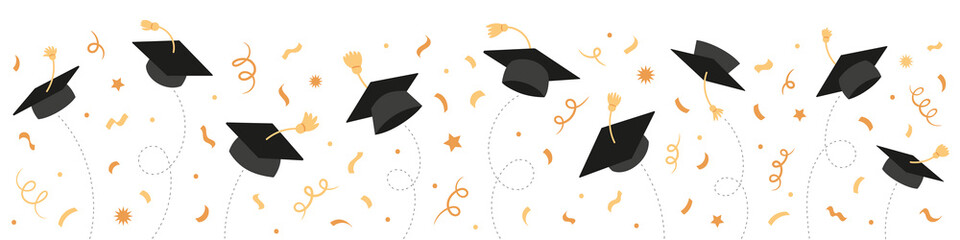 graduation class of 2021 with black graduate caps and gold confetti, ribbon. university, college sch