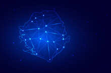 Abstract Map Of Sierra Leone From Polygonal Blue Lines And Glowing Stars On Dark Blue Background. Vector Illustration Eps10