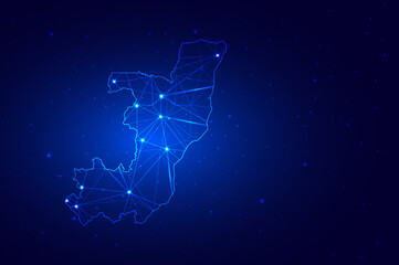 Wall Mural - Abstract Map of Republic of the Congo from polygonal blue lines and glowing stars on dark blue background. Vector illustration eps10