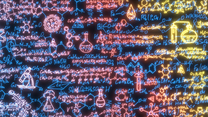 Wall Mural - neon school background in chemistry .handwritten formulas background.letters and numbers .illustrati