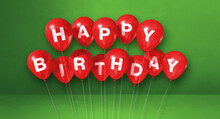 Red Happy Birthday Air Balloons On A Green Background Scene. Horizontal Banner