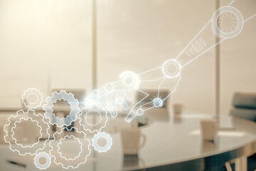 Aufkleber - Abstract virtual robotics technology sketch on a modern boardroom background, future technology and AI concept. Double exposure
