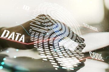 Aufkleber - Double exposure of abstract creative fingerprint hologram with finger clicks on a digital tablet on background, research and development concept