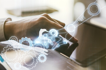 Aufkleber - Creative concept of robotics technology and finger clicks on a digital tablet on background. Robot development and automation concept. Multiexposure