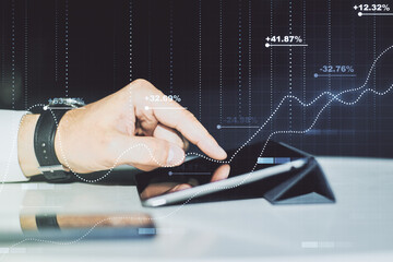 Poster - Double exposure of abstract creative statistics data hologram with finger clicks on a digital tablet on background, analytics and forecasting concept