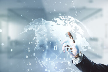 Aufkleber - Multi exposure of developer's hand working with abstract programming language hologram and world map on blurred office background, artificial intelligence and neural networks concept