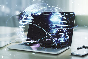 Poster - Abstract graphic digital world map with connections on modern computer background, globalization concept. Multiexposure