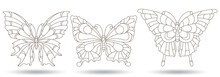 A Set Of Illustrations In A Stained Glass Style With Contour Butterflies,outline Insects Isolated On A White Background