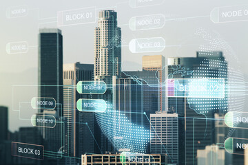 Poster - Double exposure of abstract programming language hologram and world map on Los Angeles city skyscrapers background, research and development concept