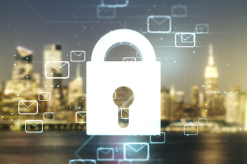 Poster - abstract virtual lock sketch with email symbols hologram on blurry office buildings background, prot