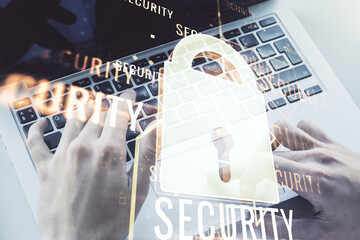 Aufkleber - Creative lock illustration with microcircuit and hands typing on computer keyboard on background, cyber security concept. Multiexposure