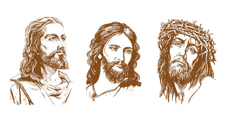 jesus christ, set of graphic portraits. hand drawing. vector