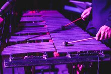 Xylophone Concert View Of Vibraphone Marimba Player, Mallets Drum Sticks, With A Latin Orchestra Musical Band Performing In The Background