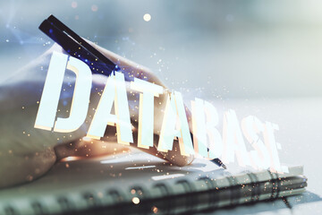 Poster - Double exposure of creative Database word hologram and woman hand writing in diary on background, research and development concept