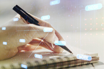 Poster - Multi exposure of abstract graphic coding sketch with man hand writing in diary on background, big data and networking concept