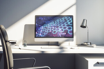 Poster - Creative concept of wireless technology with hexagon hologram on modern laptop screen. Big data and database concept. 3D Rendering