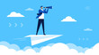 © Frogella.stock - Business vision. Businessman flying on paper plane and looking through telescope. Seeking career opportunities, leadership vector concept. Employee searching solution or idea for company