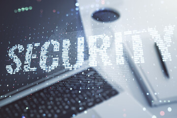 Poster - Cyber security creative concept on modern laptop background. Double exposure