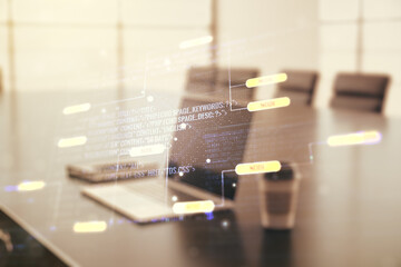 Poster - Multi exposure of abstract graphic coding sketch on modern computer background, big data and networking concept