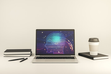 Poster - Modern computer screen with creative human head microcircuit. Future technology and AI concept. 3D Rendering