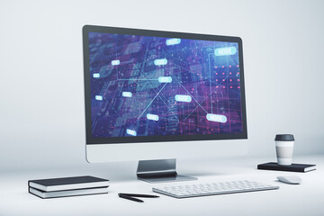 Poster - Modern computer display with abstract programming language hologram, artificial intelligence and machine learning concept. 3D Rendering