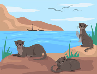 Wall Mural - cute otters sitting and lying on rocks cartoon illustration. mammal character holding fish, brown an
