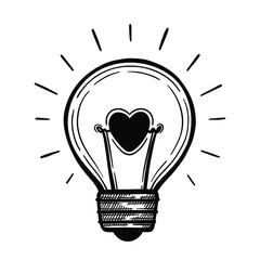 Vector lightbulb with heart inside. Hand drawn light bulb in sketch style.