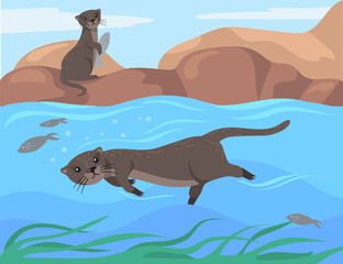Wall Mural - cute otter character swimming in sea cartoon illustration. cartoon mammal holding fish on rocks, ani