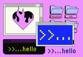 Retrowave style desktop with message boxes, terminal console window and user interface elements. Retro OS in vaporwave 80's vintage stylization.