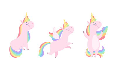 Canvas Print - Cute Unicorns Set, Lovely Pink Baby Unicorn with Rainbow Mane in Various Poses Cartoon Vector Illustration