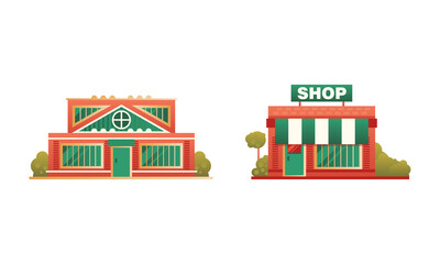 Poster - City or Suburban Buildings Set, Traditional Cottage and Shop Building Flat Vector Illustration