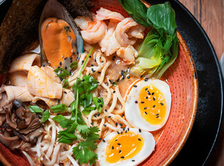 Wall Mural - Close up view of Ramen Japanese noodle soup portion with seafood based broth, with mussels, shrimps or prawns, mushrooms and sliced soft-boiled egg decorated with black sesame seeds served in plate