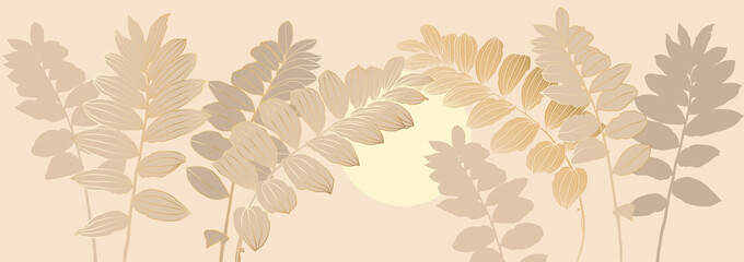 Digital vector illustration - silhouettes leaves with golden outline and light yellow circle on light beige. Luxurious art deco wallpaper design for print, poster, cover, banner, fabric, invitation.