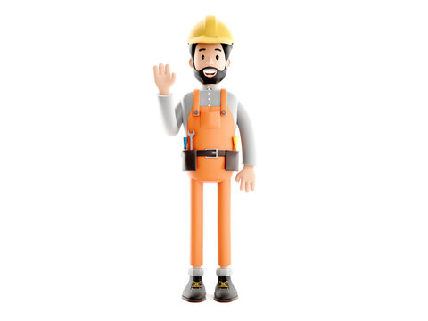 builder cartoon character, funny worker or engineer 3d illustration