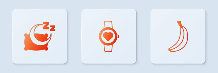 Set Smart watch, Time to sleep and Banana. White square button. Vector