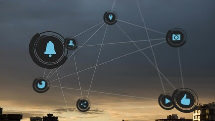 Poster - Animation of online digital icons over stormy sky and cityscape
