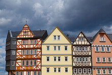 Beautiful Colored Half-timbered Houses Close-up In  Hessenpark, Germany.